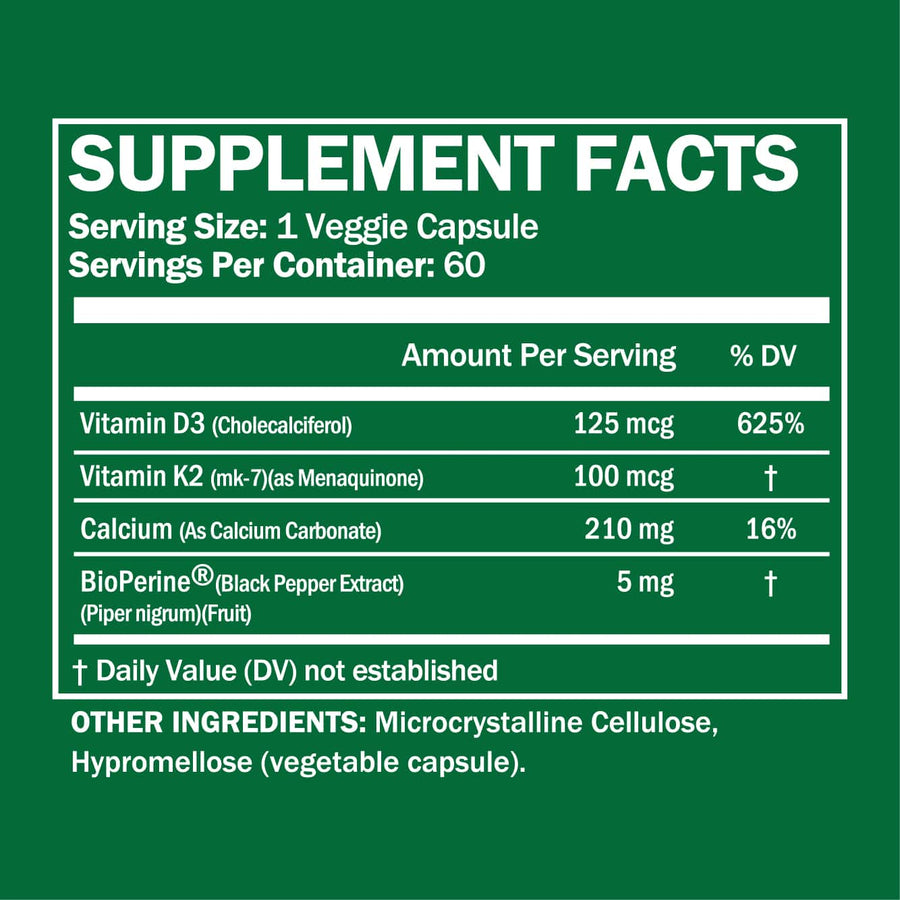 High Potency Vitamin D3 + K2 Supplement 60 Capsules